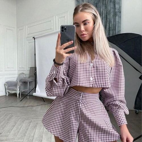 Lapel long-sleeved shirt + shorts street casual plaid suit