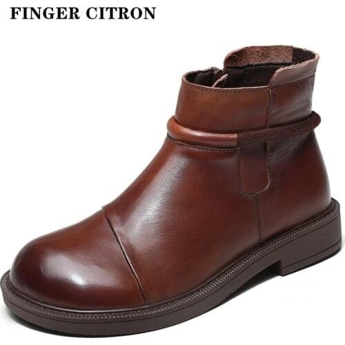Finger Citron Women Anckle Boots Genuine Cow Leather Round Toe Rubber Outsole With Zipper Comfortable By Handmade Size 35-41