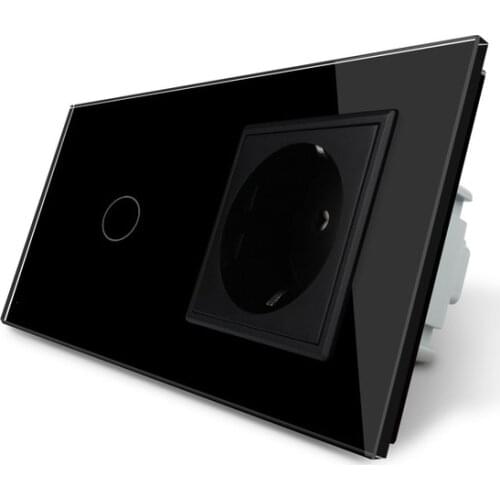 Free Shipping, Livolo Touch Switch with EU Standard Socket , Black Crystal Glass Panel, 16A EU Socket, VL-C701-12 / VL-C7C1EU-12