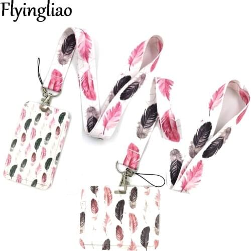 Black Pink Leaves Feathers Lanyard Keys Phone Holder Funny Neck Strap With Keyring ID Card DIY Animal webbings ribbons Hang Rope