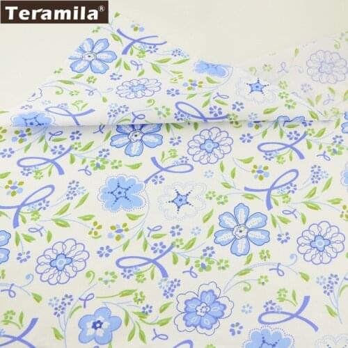 Teramila Fabric 100% Cotton Blue Flower and Leaves Style Twill Material Clothing Bed Sheet DIY Dress Scrapbook Bedding Tecido CM