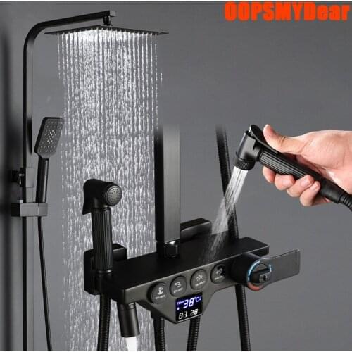 Smart Thermostatic Shower Set Bathroom Black Digital Shower System Wall Mount Square Head Hot Cold Bath Faucet Stainless Steel