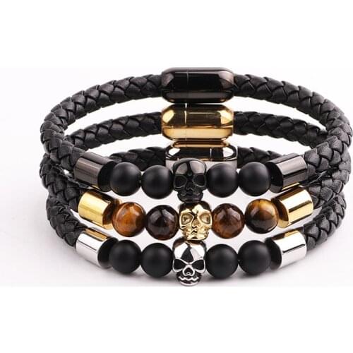 High Quality Men Bracelet New Design Natural Stone Stainless Steel Skull Charm Genuine Leather Bracelet Male