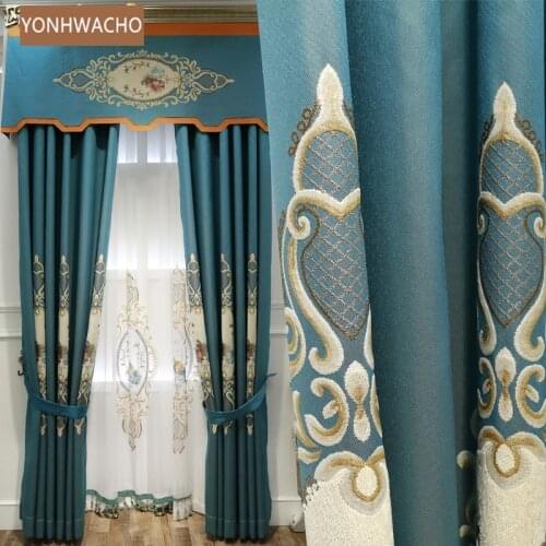 Custom curtain luxury embroidery thick shading American embroidered blue cloth blackout curtain valance tulle panel C337