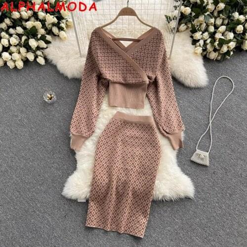 ALPHALMODA New Sweater Top Skirt 2pcs Set Women Autumn Long Sleeve Design Top Wrap Hip Skirt Ladies 2pcs Elegant Suit