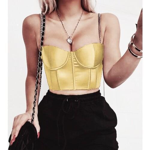 2020 Summer Crop Top Women Sexy Bustier Top Blackless Chain Strap Padded Cropped Casual Satin Black Crop Tops Clothes