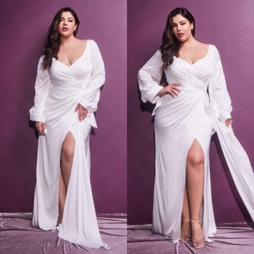 White Plus Size Prom Dresess with High Side Split Long Sleeve Women Party Gowns Mermaid Style Customize Robe De Soirée