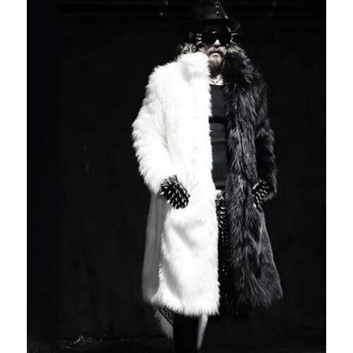 Winter European and American Fashion Loose Imitation Fur Black and White Medium Long Mens Hooded Coat