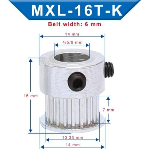 2 pcs MXL-16T Timing Pulley Bore 4/5/6mm Pulley Wheel Slot Width 7mm Match with Width 6mm MXL- Synchronous belt For 3D Printers