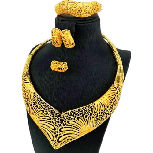 2021 African Nigerian Bracelet Ring Pendant Fashion Jewelry Charm Necklace Earrings Dubai Gold Sets for Women Wedding Bridal