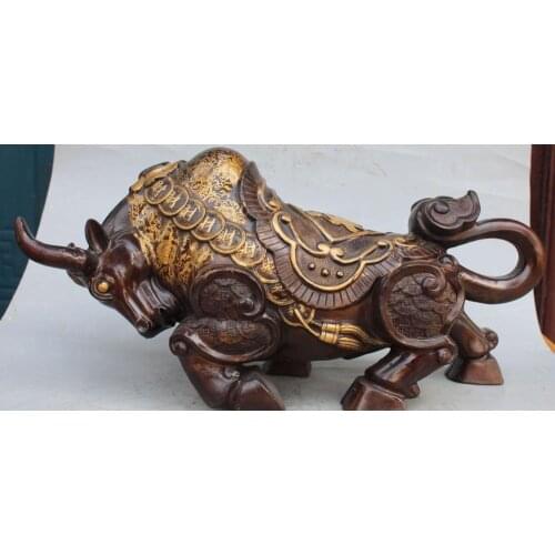 21"China Bronze Gilt Wealth Money Zodiac Year Bull Ox Oxen Cattle Animal Statue 02017