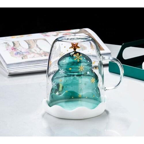 300ML Double Wall Cup Christmas Tree Mug Double Bottom Glass Transparent Anti Scald Glasses Coffee Cups Childrens Gift