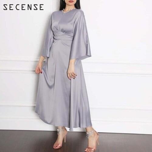 Arabic Muslim Satin Dresses For Women Long Sleeve O Neck Beads Kaftan Dubai Modest Beautiful Elegant Long Dress 2021 Fashion