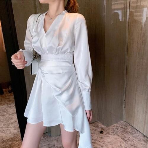 White Vintage Dress Women 2021 Summer Satin V-Neck Waist Dress Irregular A-Line Skirt Hepburn Style Elegant Party Evening Dress