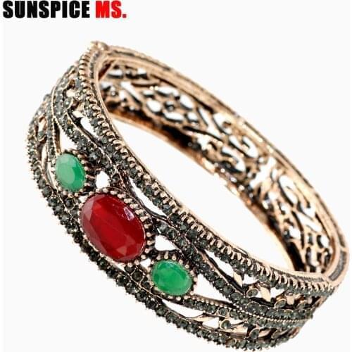 SUNSPICE MS Morocco Vintage Bangle Rhinestone Wrist Jewelry Antique Gold Color Thin Cuff Bracelet Turkish Ethnic Wedding Gifts