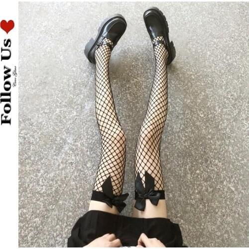 Gothic Bow Over The Knee Socks Women Japanese Lolita Black Bow Fishnet Stockings Harajuku Kawaii Sexy Thigh High Stockings Women