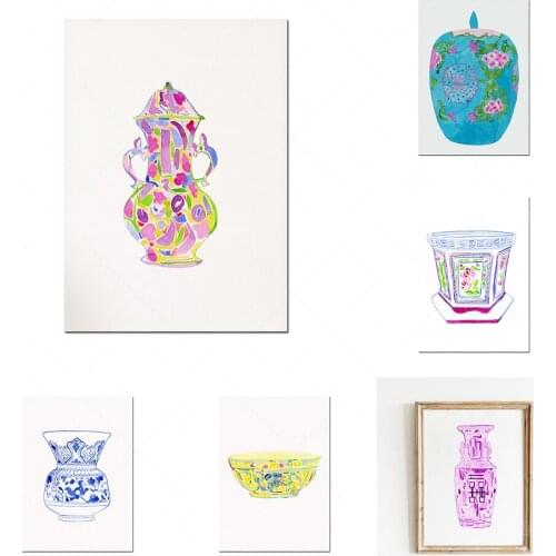 Chinese porcelain prints watercolor ginger pot and flower design art printing, blue and white watercolor, Chinese style art, ant