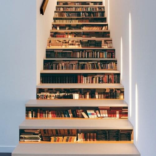 Stair bookshelf three-dimensional sticker 3D simulation removable waterproof wall sticker bedroom living room DIY wallpaper