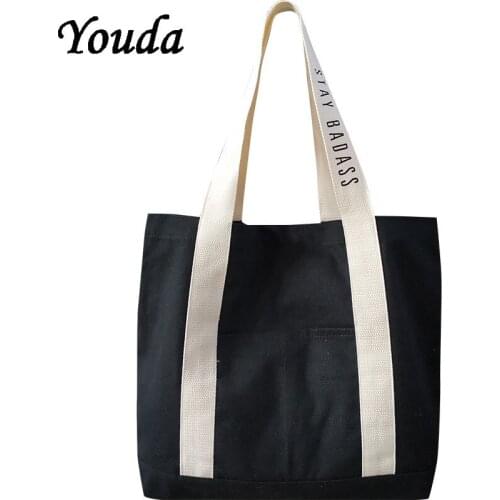 Korean Women Canvas Shoulder Bags Design Ladies Letter Handbag Casual Tote Literary Books Square Bag Shopping New Girls Totes