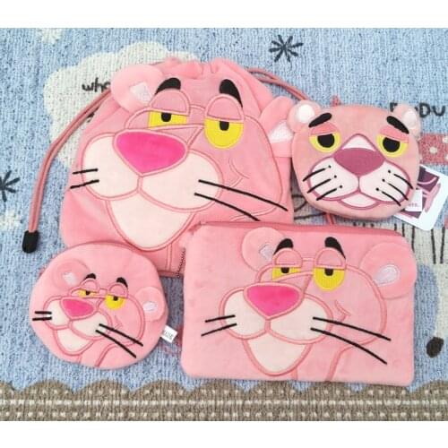 Kawaii Cartoon Pink Panther Plush Zero Purse Cute Pink Leopard Bundle Pocket Naughty leopard Coin Purse Storage Bag Pencil Case