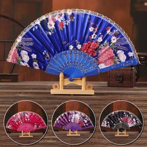 Best Chinese Style Dance Wedding Party Lace Silk Folding Hand Held Flower Fan Summer Vintage Folding Hand Held Flower Fans Decor