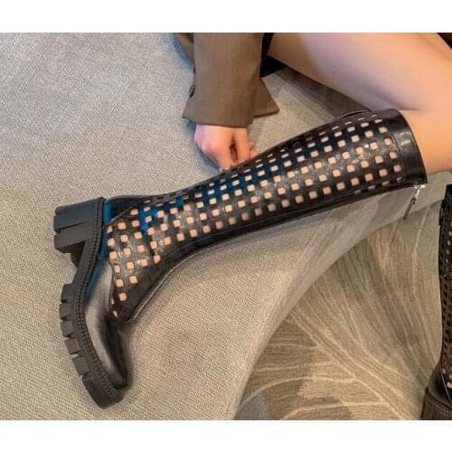 Small Size 33 Girls Black White Genuine Leather 6 cm Chunky Heels Knee High Boots Woman Round Toe Small Hole Cuts Out Long Boots