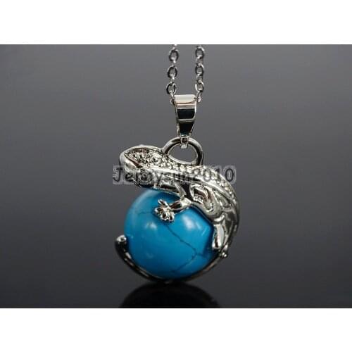 Natural Stabilized Blue Tur-quoise Gem Stone Round Ball Chakra Lizard Pendant Necklace Beads Healing Jewelry Design 10Pcs/Pack