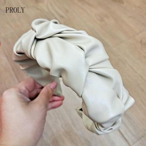 PROLY New Fashion Womens Hairband Wide Side Pu Leather Headband Pleated Headwear Casual Solid Turban Adult Hair Accessories