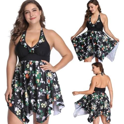 Plus Size Beach Flower Print Halter Women Swimdress Briefs Two-Piece Tankini Set Two-Piece Tankini Set bikini swimsuits swimwear