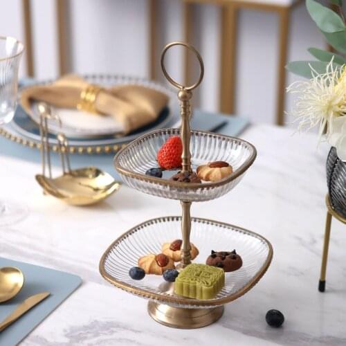 Retro Brass Carved Double Glass Fruit Plate Tray Afternoon Tea Dessert Stand Household Dried Nut Plate Dessert Table Storage