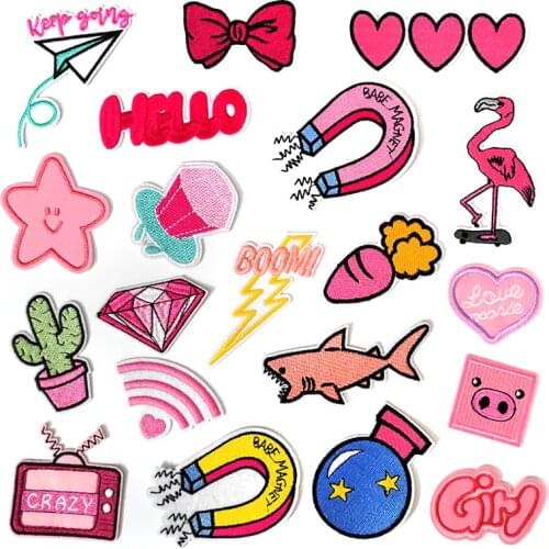 Pink Cartoon Patches Embroidery Applique Clothes Sewing Supplies Decorative Child Cute DIY Iron On Badges TV Bow Carrot Pig