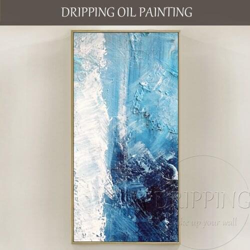 Hand-painted High Quality Modern Bright Blue and White Abstract Oil Painting on Canvas Brushed Textured Abstract Decor Painting