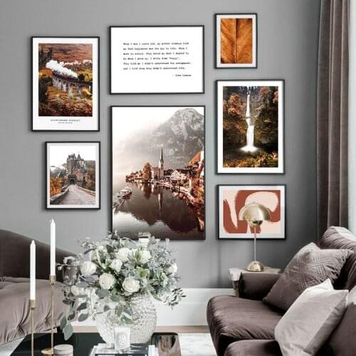 Nordic Autumn Forest Leaf River Sunset Poster Nature Landscape Print Canvas Wall Art Painting Photography Picture For Room Decor