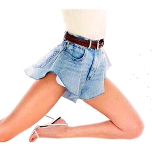Womens Fashion Casual Denim Shorts High Waist Ruffle Hem Loose Ruched Female Clothing Jean Bottom Hot Pants Summer