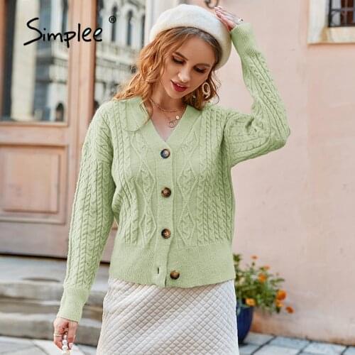 Simplee Casual light green v-neck autumn winter cardigan female Holiday school sweater cardigan girls Elegant womens top coats