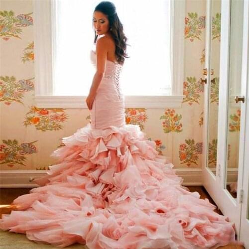 Ruffles Sweetheart Mermaid Bridal Gowns Lace Up Glamorous Blush Pink Organza Wedding Dresses Custom Made