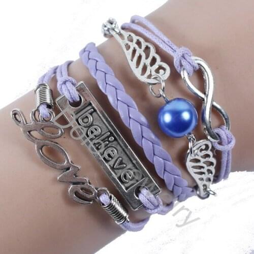 Tibet Silver Infinity Angel Wing With Glass Pearl Believe Love Friendship Charm Wrapped Multi Layer Leather Bracelet Gift