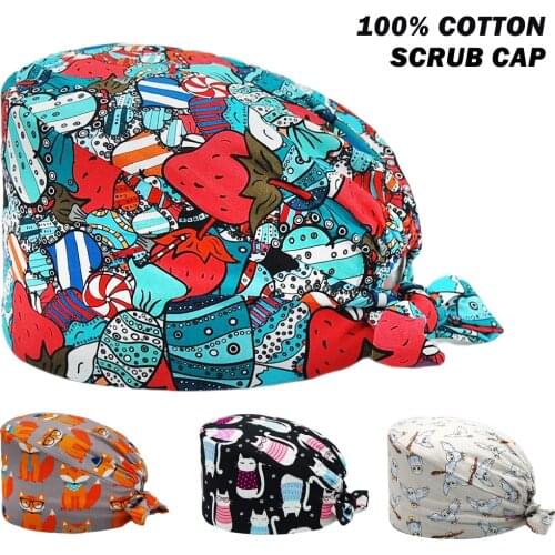 Unisex Scrubs Caps 100% Cotton Suger Printing Adjustable Nursing Hat Lab Beauty Salon Pet Shop Working Accessories Scrub Cap