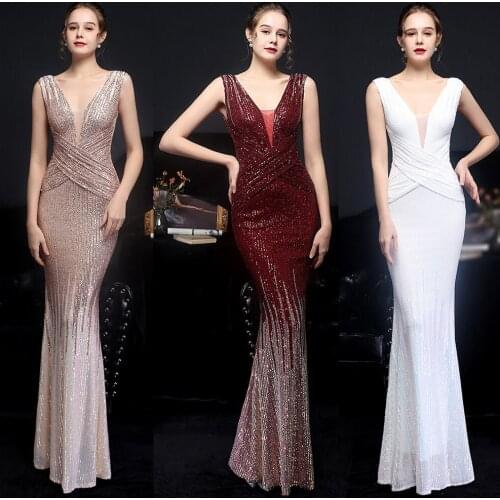 V Neck Sleeveless Mermaid Party Dress Sequins Backless Women Prom Gowns Floor Length Long Evening Robes 2021 XUCTHHC New