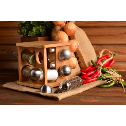 Fonti Rotating Spice Rack With 8 Bottles | Environmentally Friendly Bamboo | Home--Table | Made in turkey