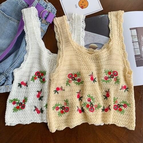 Flower Embroidery Crochet Knitted Suspender Vest Womens New Spring And Autumn Sleeveless Top