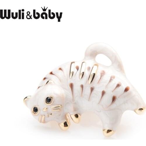 Wuli&baby Little Brown Strips White Cat Brooches Metal Animal Party Brooch Pins Gifts For Women And Men Girls