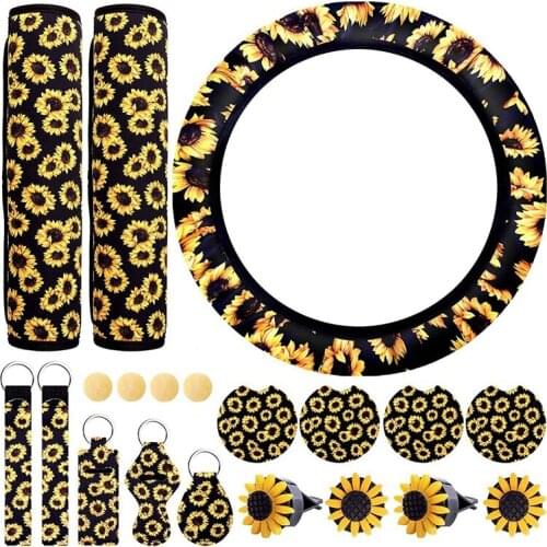 20 Pcs Sunflower Car Accessories for Women Steering Wheel Cover Coaster Keyrings Lanyard Vent Decor Interior Accessories