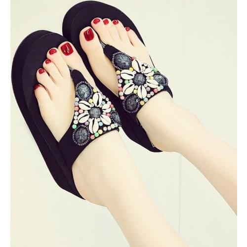 Women Beach Flip Flops Bohemian Slipper Fashion New Rhinestone Shell Beading Platform Wedge Flip Flops Shoes Woman