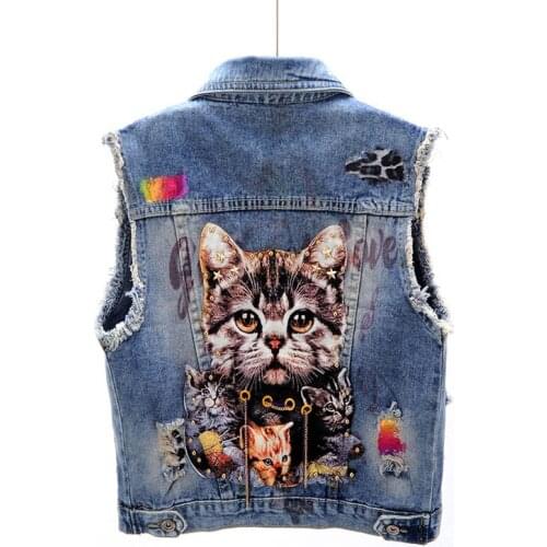 Spring and Autumn Korean Fashion Back Cat Print Denim Vest Hole Sleeveless Hip Hop Female Summer Short Jean Vest