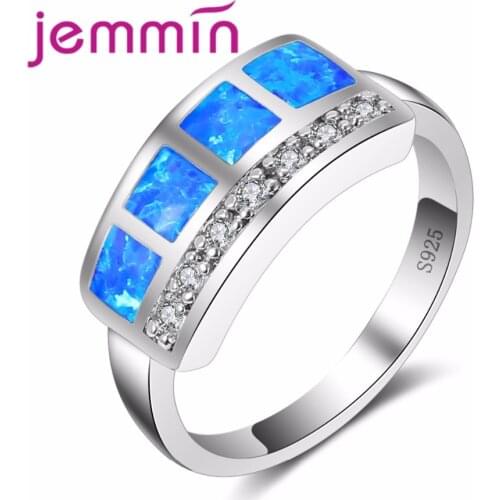 Brand Women Channel Seeting White Crystal Rings With Blue Fire Opal Clear Rhinestone Fine 925 Sterling Silver Wedding