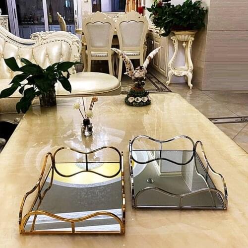 Gold Metal Rectangle Candle Mirror Glass Tray Serving Dresser Dressing Table Perfume Jewelry Makeup Decorative Vanity Tray Organ