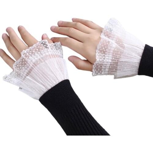 1 Pair Korean Women Girls Fake Flared Sleeves Double Layer Lace Pleated Ruched False Cuffs Wrist Warmers
