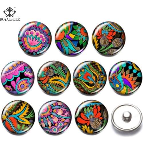10pcs/lot Beautiful Flower Theme Pattern Glass Charm 18mm Snap Button Jewelry For 18mm Snaps Bracelet Snap Jewelry kg0188