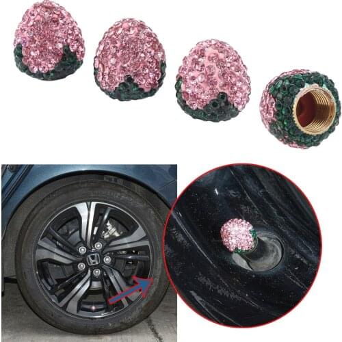 4PCS Car Tire Valve Dust Caps Strawberry Rhinestone Crystal Tire Valve Caps for Car Wheels Decoration Accessories